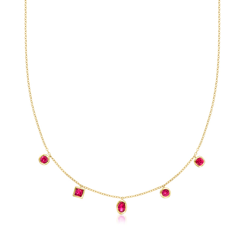 18kt gold vermeil station necklace with multi-shaped red ruby-like stones