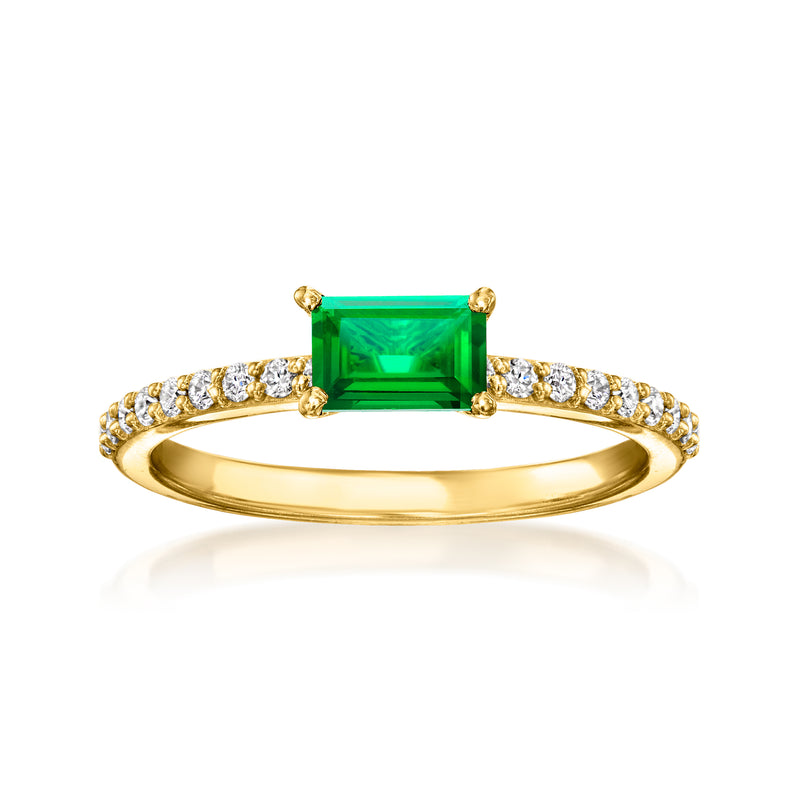 Gold vermeil ring with emerald-cut green emerald and round diamond halo band