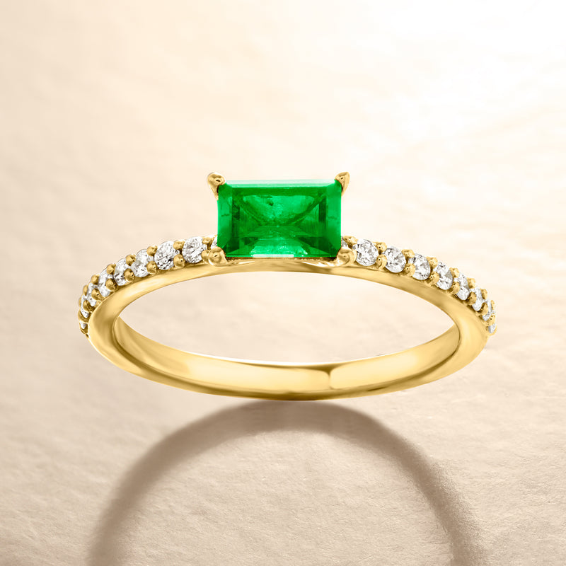 18kt gold vermeil ring with emerald-cut lab-grown emerald and pavé diamonds