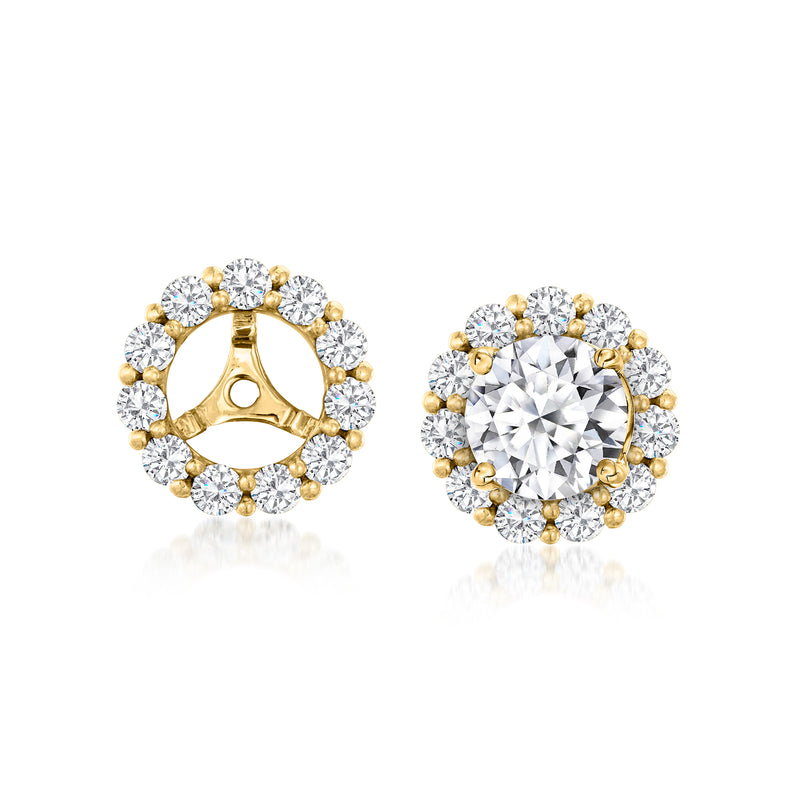 14kt yellow gold diamond earring jackets with round stone halo and gold back