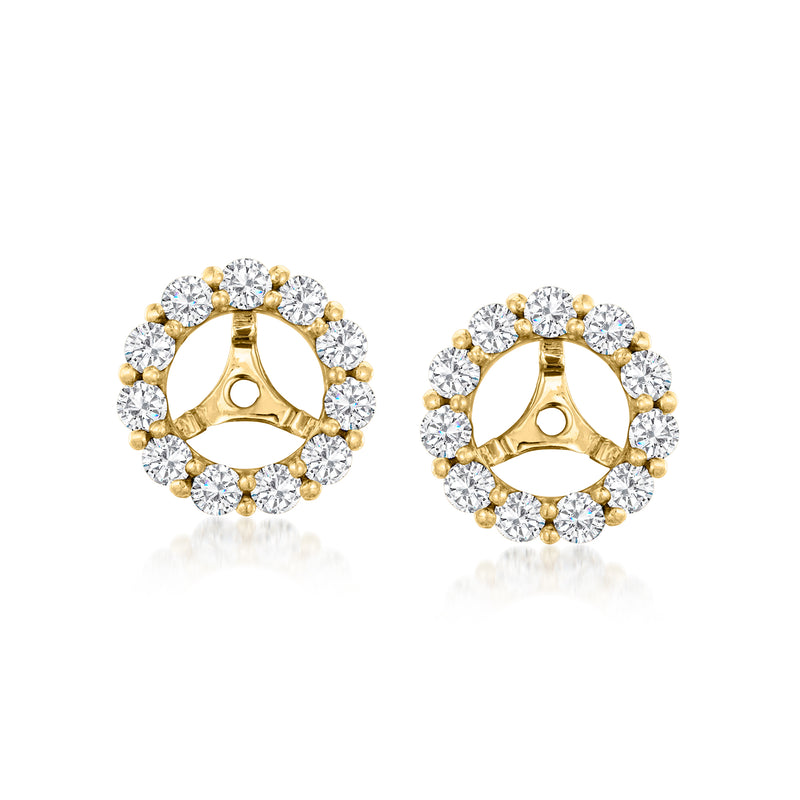 14kt yellow gold diamond earring jacket with bezel-set center and circular halo