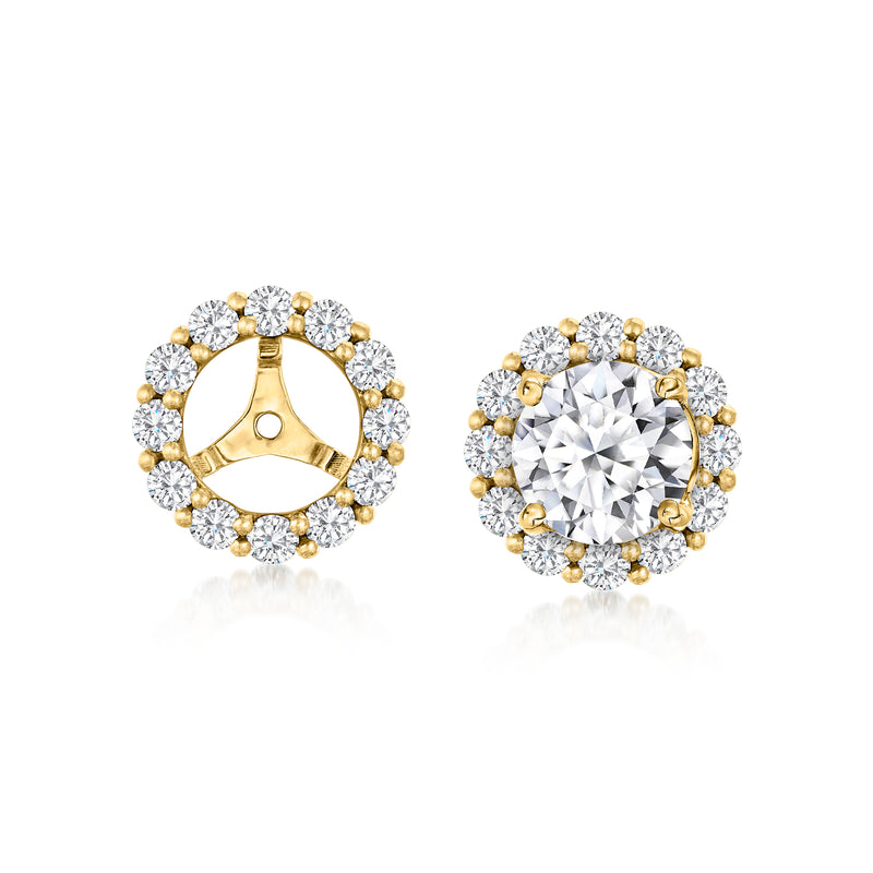 14kt yellow gold diamond earring jacket: round halo with center stone and gold backing