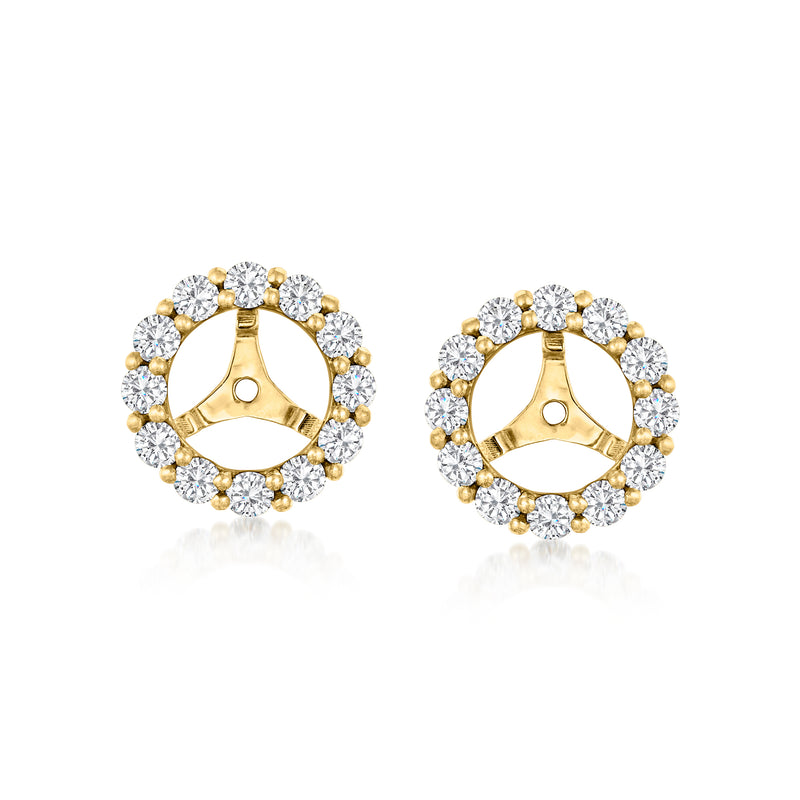 14kt yellow gold diamond earring jackets, round halo; shows front and reverse backs