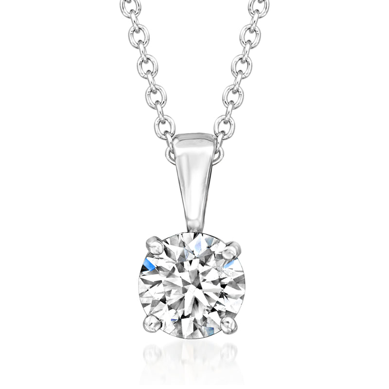 Platinum solitaire diamond necklace, round center stone in prong setting