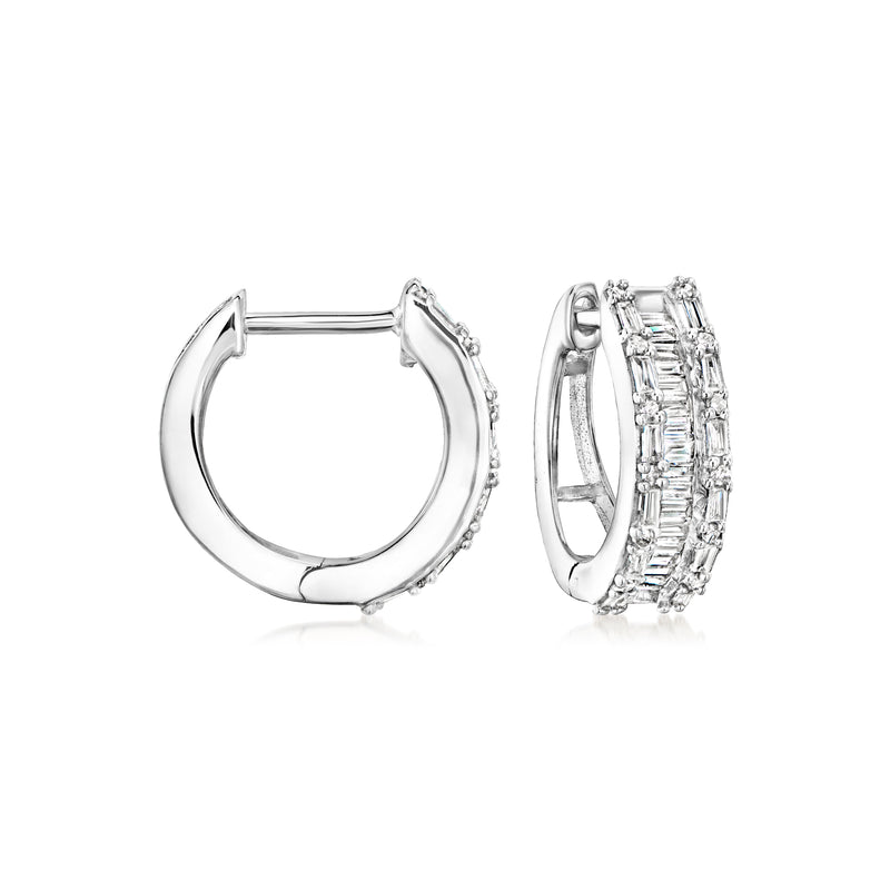 Sterling silver diamond hoop earrings with small round stones, hinged closure