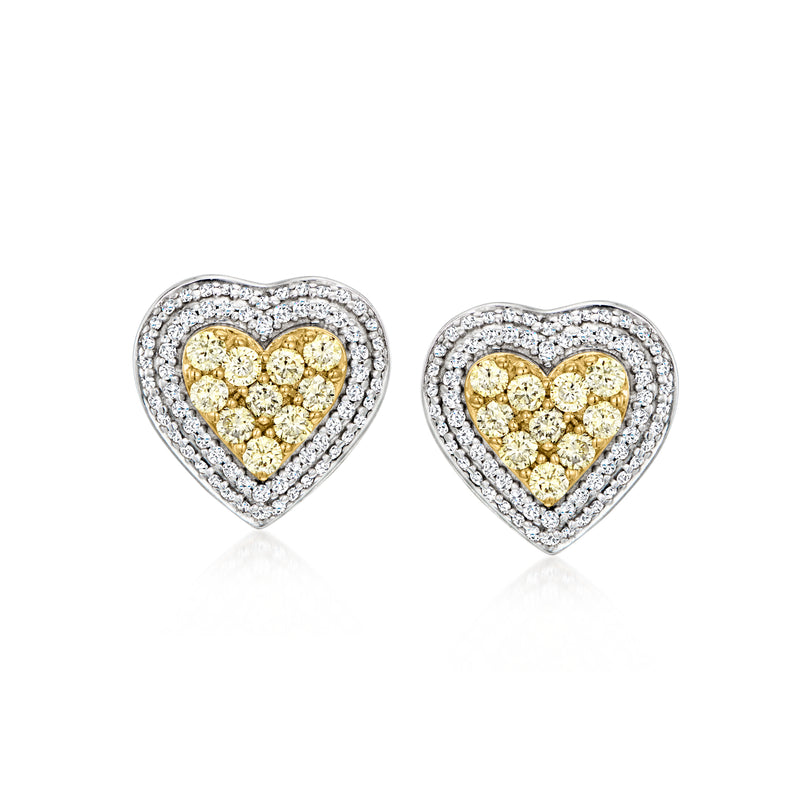 Heart diamond stud earrings in sterling silver with yellow center halos