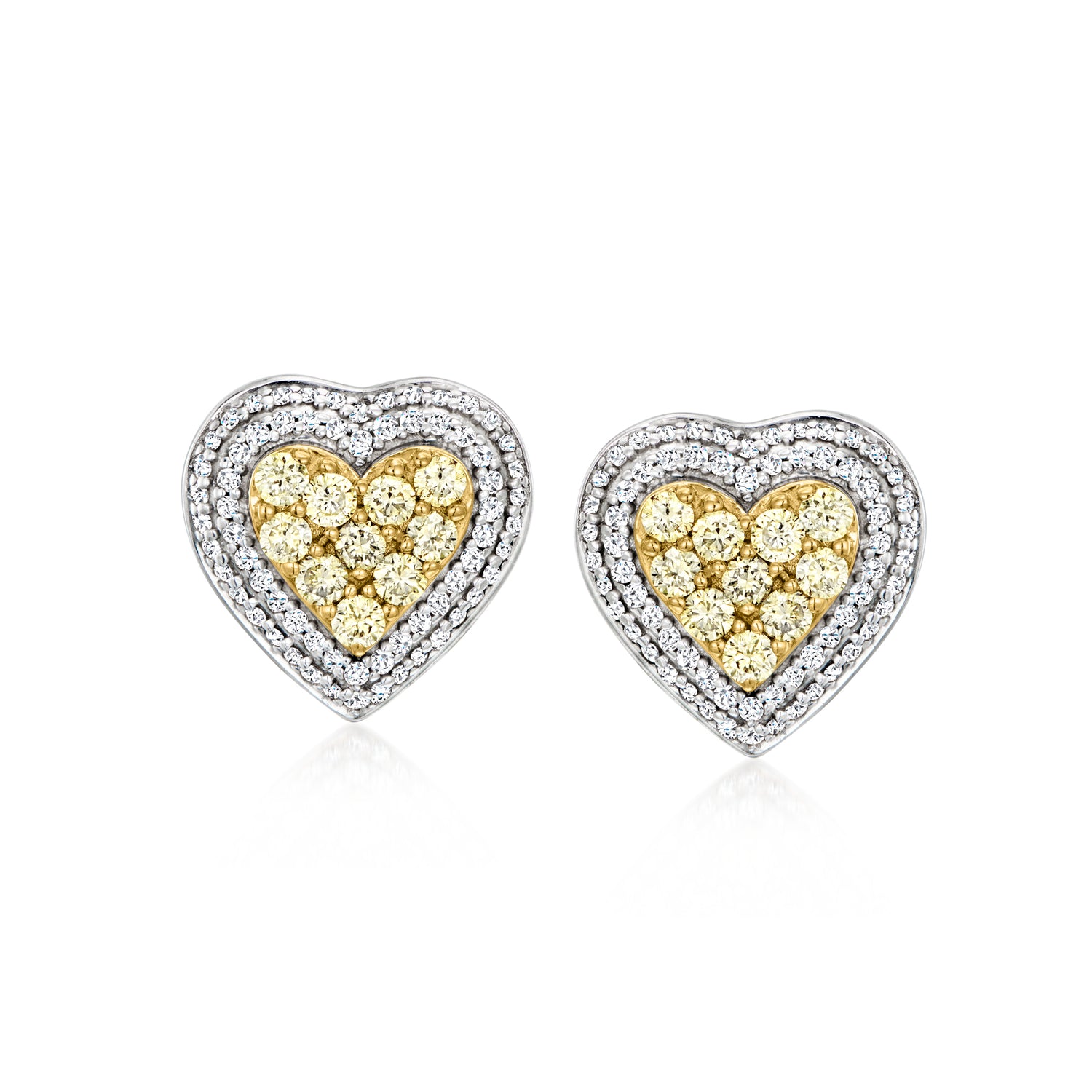 .85 ct. t.w. White and Yellow Diamond Heart Earrings in Sterling Silver