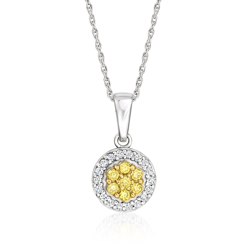 Sterling silver diamond pendant necklace with round yellow center and white halo