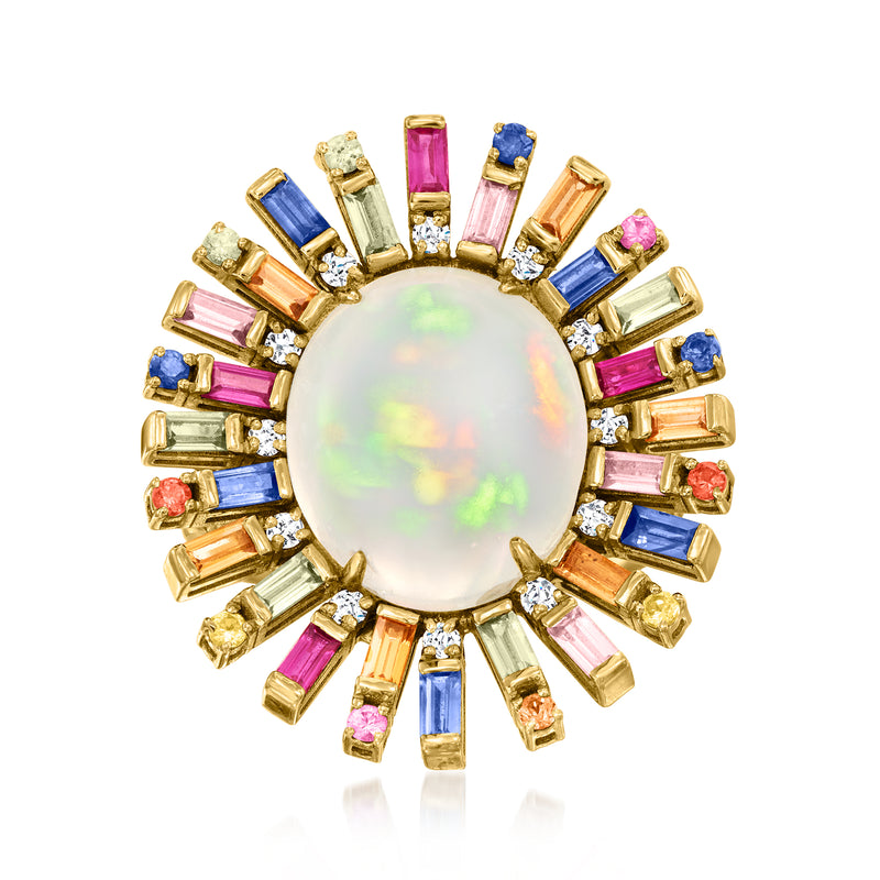 Multicolored sapphire and opal ring, oval opal center with baguette stones in 18kt gold
