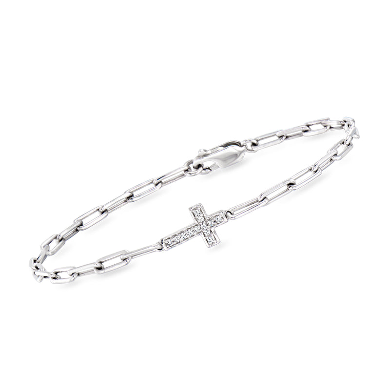Sterling silver paper-clip link bracelet with diamond-style cross centerpiece and clasp