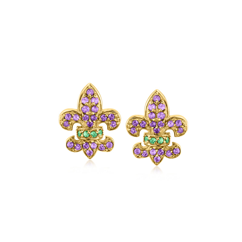 18kt gold over sterling post earrings with purple amethyst and green emerald fleur-de-lis