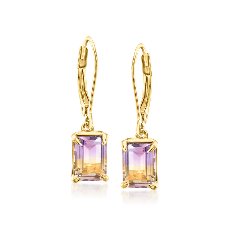 Gold leverback drop earrings with rectangular ametrine stones, purple-yellow tones.