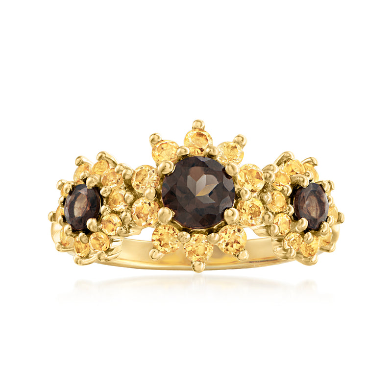 Gold-tone sunflower ring with dark smoky quartz center and yellow citrine accents