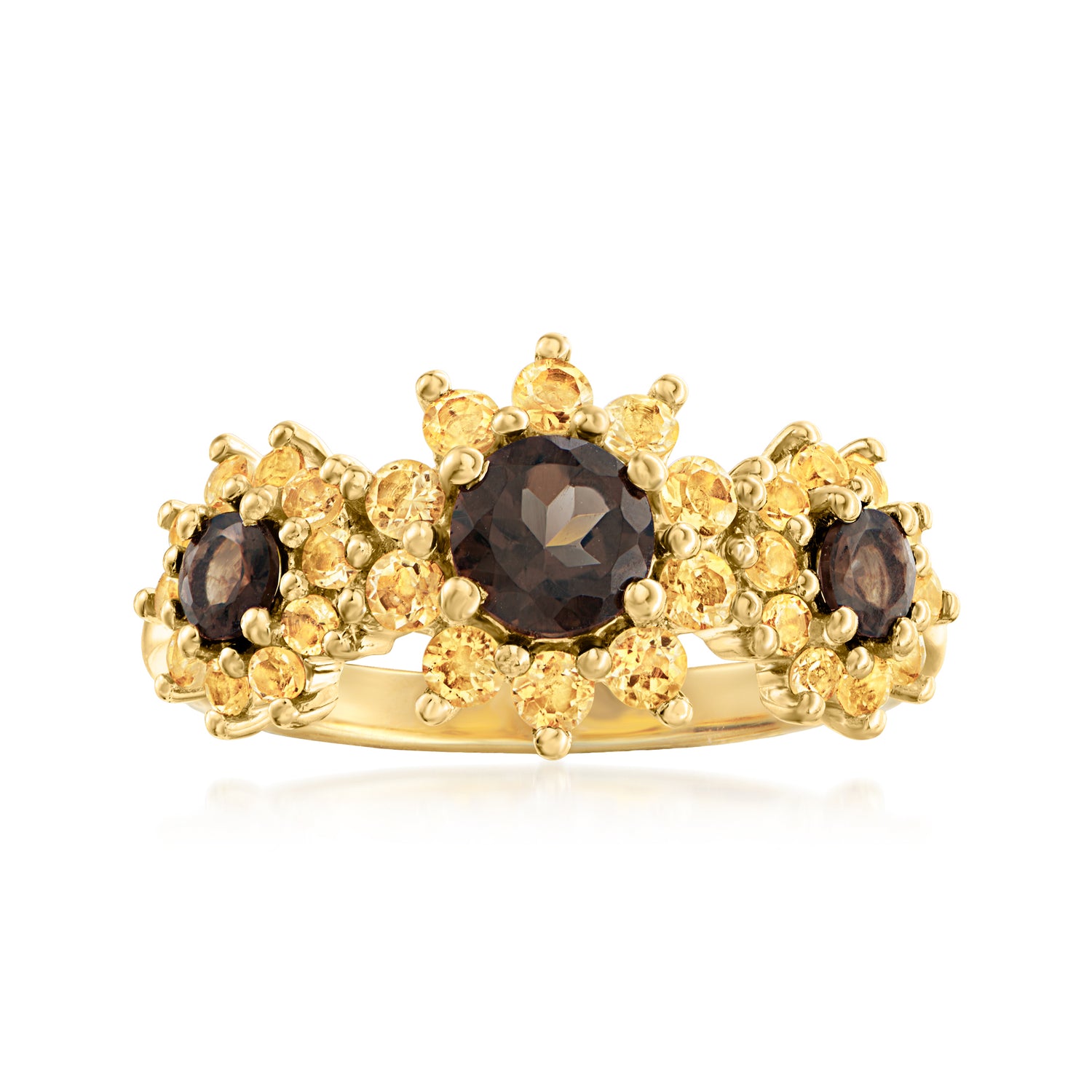 .70 ct. t.w. Yellow Citrine and .50 ct. t.w. Smoky Quartz Sunflower Ring in 18kt Gold Over Sterling