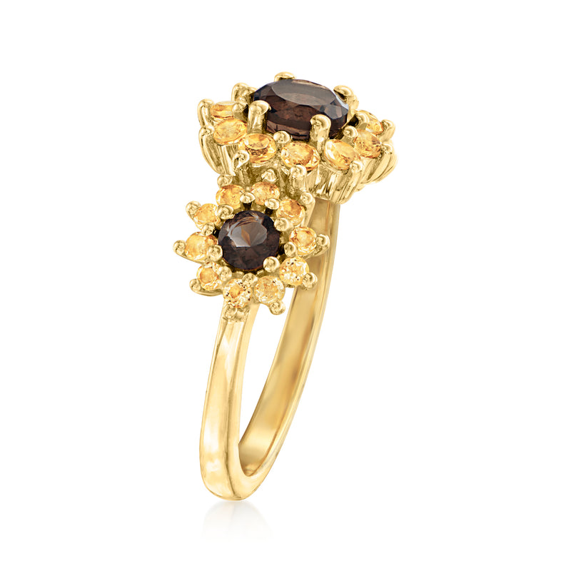 Gold-tone sunflower ring showing dark oval smoky quartz stones with yellow citrine halo