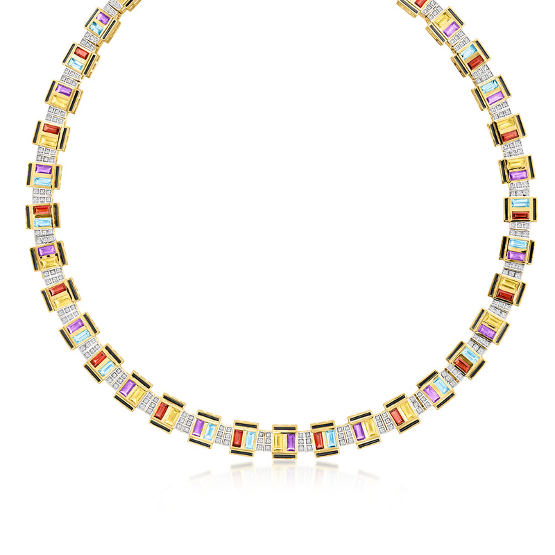 Art Deco-style gold-tone necklace with multicolor square stones and black enamel links