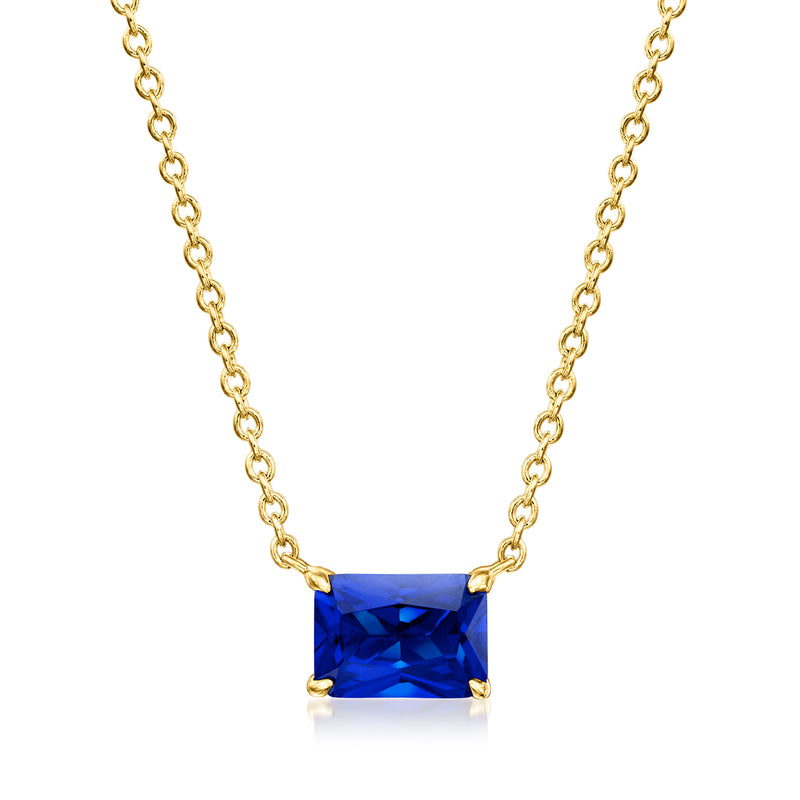 Lab-grown sapphire necklace with gold-tone chain and square blue gemstone pendant