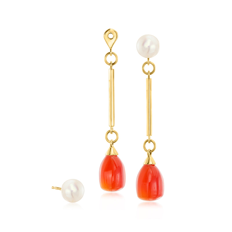 18kt yellow gold drop earrings with white pearl tops and red cabochon drops