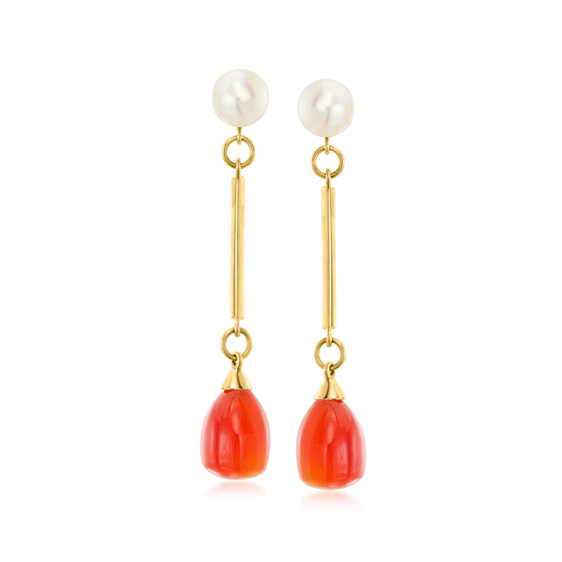 18kt yellow gold drop earrings with white pearl caps and red teardrop dangles