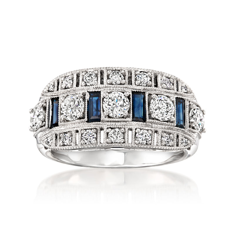 Platinum vintage diamond-and-sapphire ring with blue square sapphires in a wide band