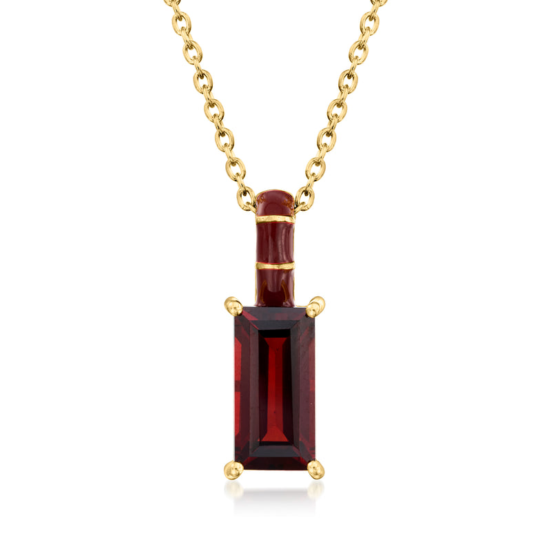 Gold pendant necklace with red enamel and rectangular dark red gemstone