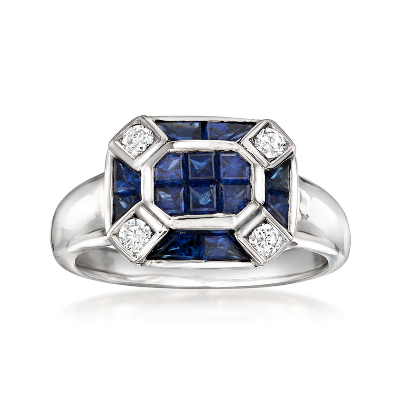 Platinum ring with blue step-cut sapphire center and square diamond accents