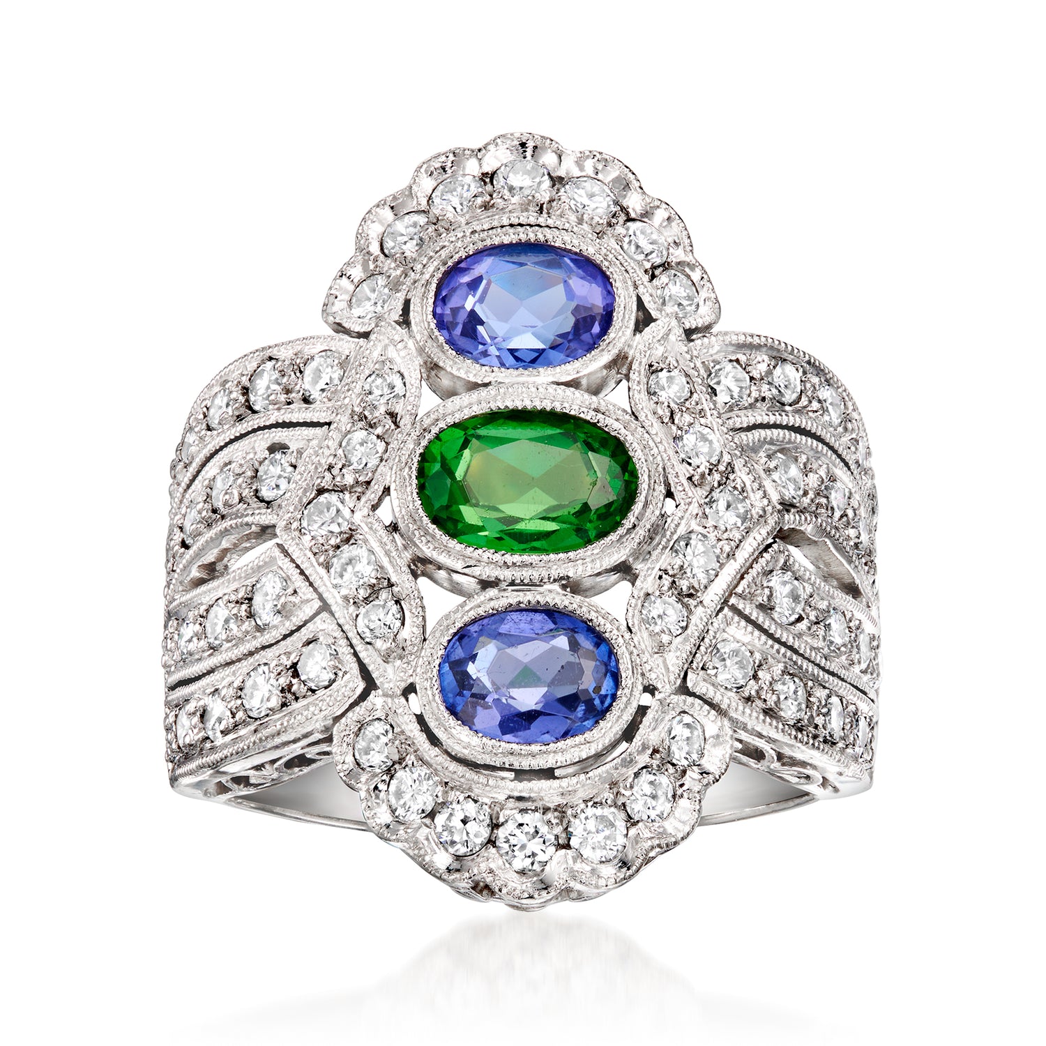 C. 1990 Vintage .92 ct. t.w. Diamond, .90 ct. t.w. Sapphire and .64 ct. t.w. Tsavorite Cocktail Ring in Platinum