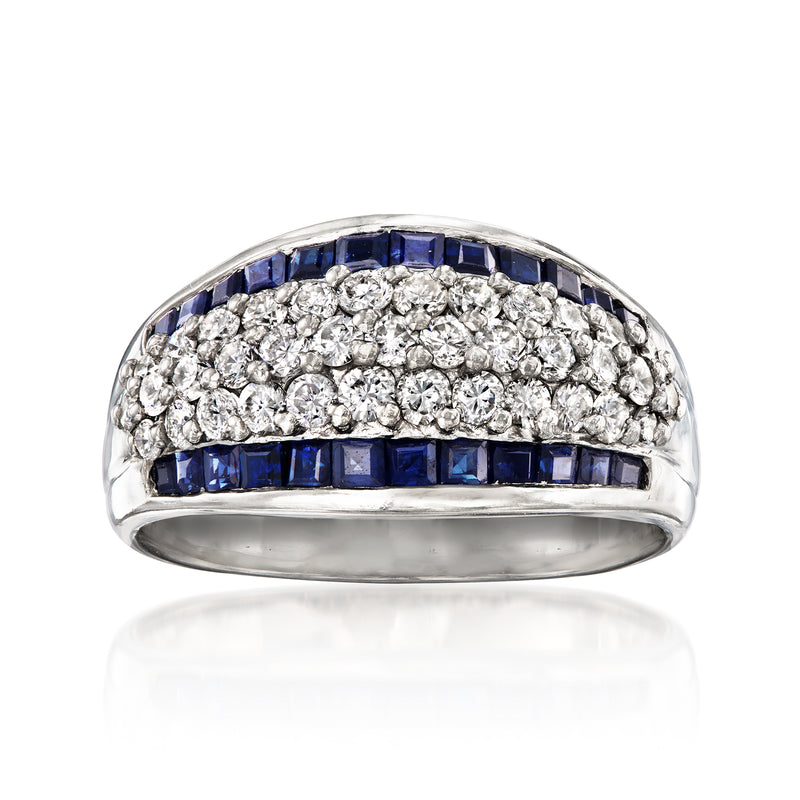 Platinum ring with pavé diamonds and blue sapphire rows
