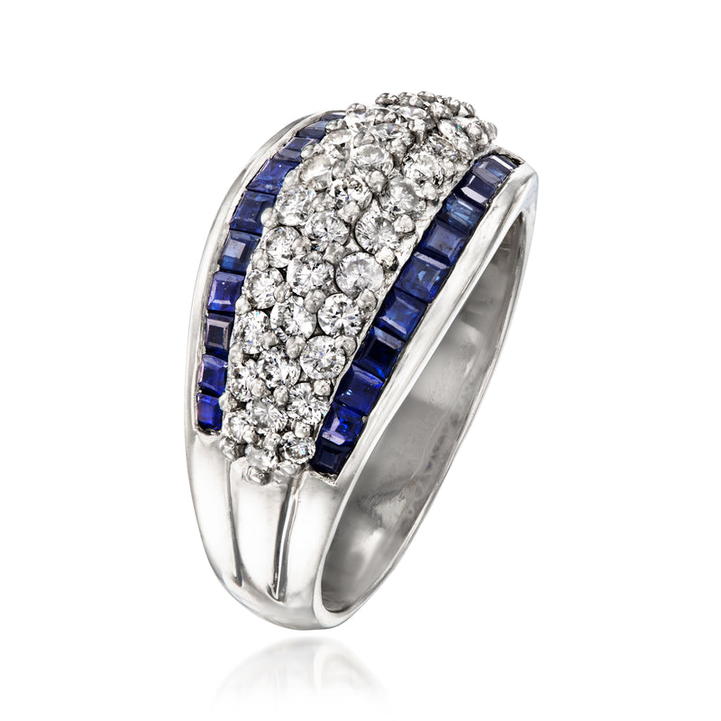 Platinum vintage sapphire and diamond ring with pave diamonds and blue baguette sides