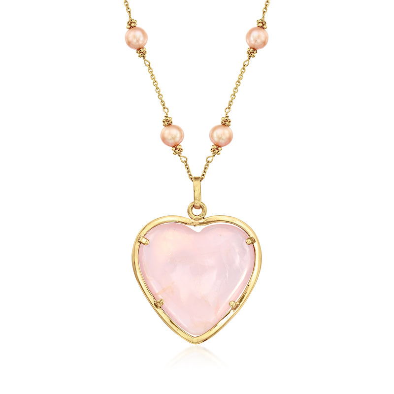 18kt yellow gold heart pendant necklace with rose quartz heart and peach cultured pearls
