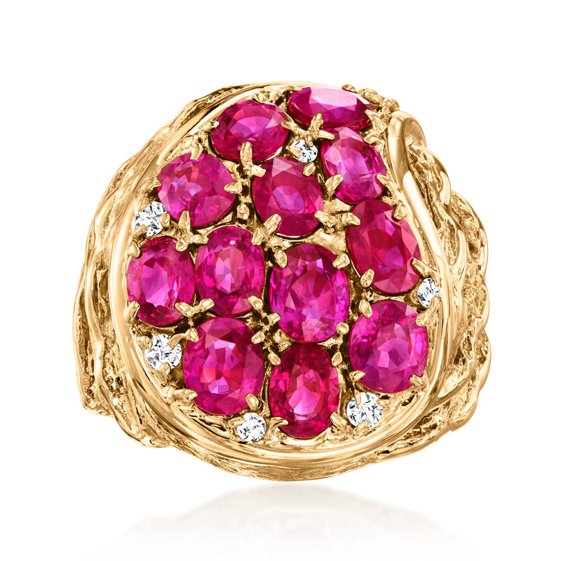 18kt yellow gold ruby and diamond ring with pink oval cluster and round diamond accents
