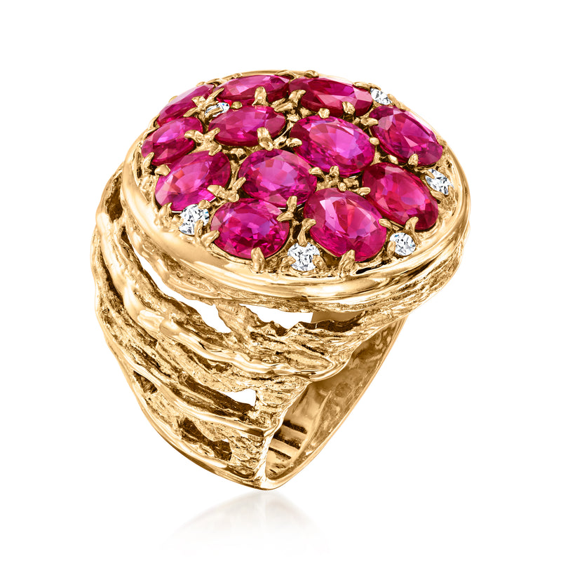18kt yellow gold ruby and diamond ring, oval pink gemstone cluster with diamond accents