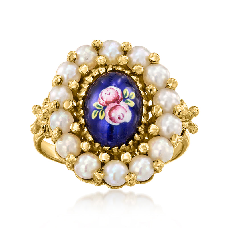 Vintage cultured pearl enamel floral ring with oval blue center, 18kt yellow gold