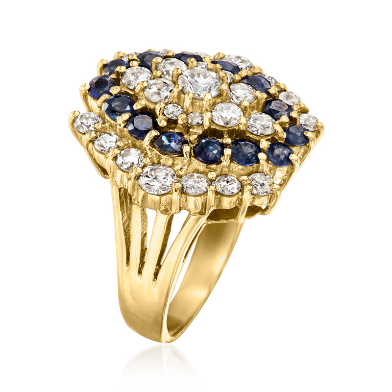 18kt yellow gold cluster ring with blue sapphires and diamonds, high prong setting