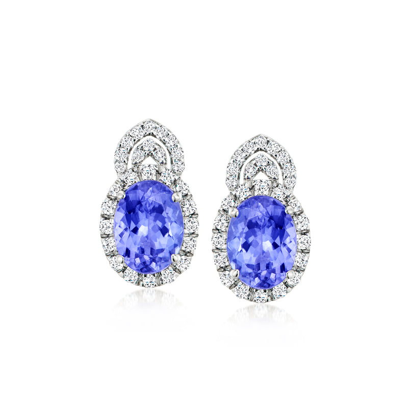 Platinum tanzanite and diamond post earrings with oval blue center stones