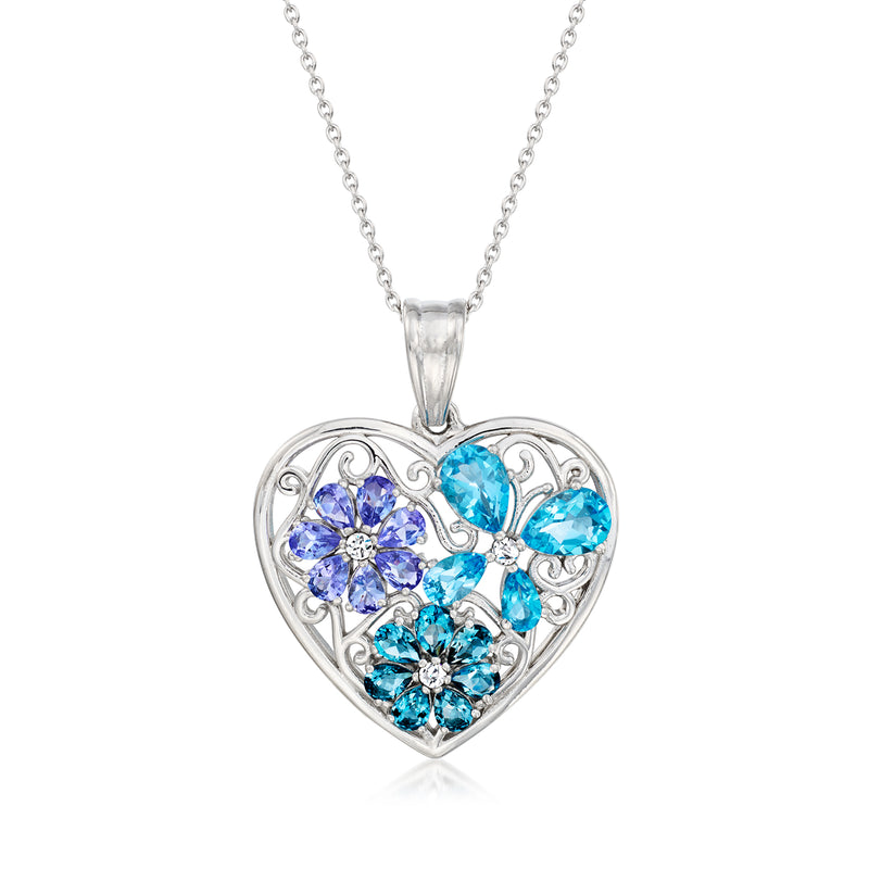 Sterling silver heart pendant necklace with blue gemstone butterfly and flower motifs