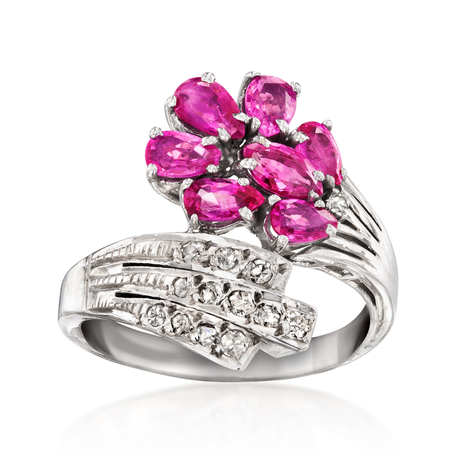C. 2000 Vintage 1.55 ct. t.w. Ruby and .25 ct. t.w. Diamond Floral Bypass Ring in 14kt White Gold