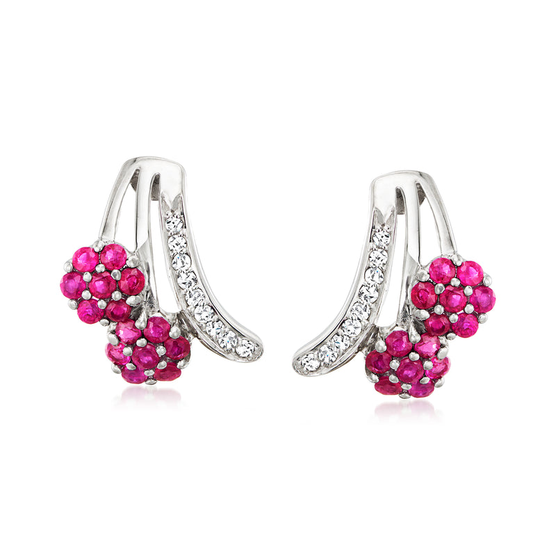 18kt white gold floral ruby cluster hoop earrings with diamond arc accents
