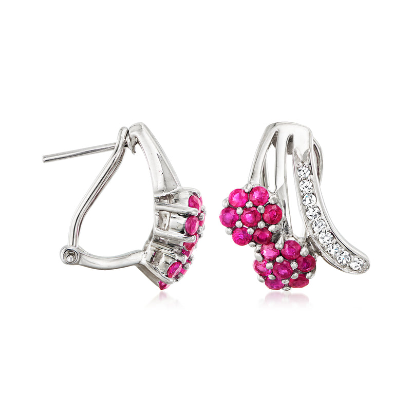 18kt white gold ruby floral cluster hoop earrings, side view with diamond accents