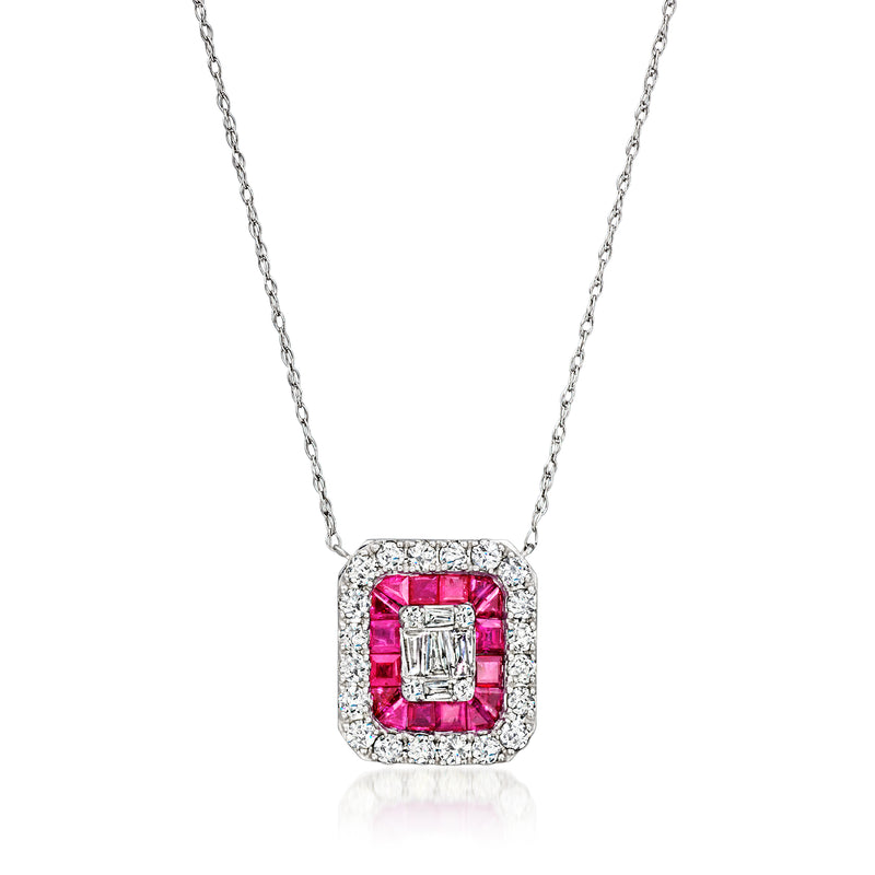 Vintage square ruby and diamond pendant necklace on a white gold chain