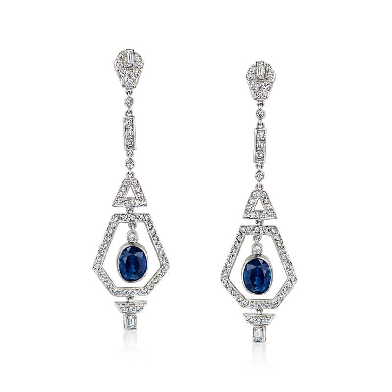 Platinum geometric drop earrings with blue sapphire oval and diamond accents, post style