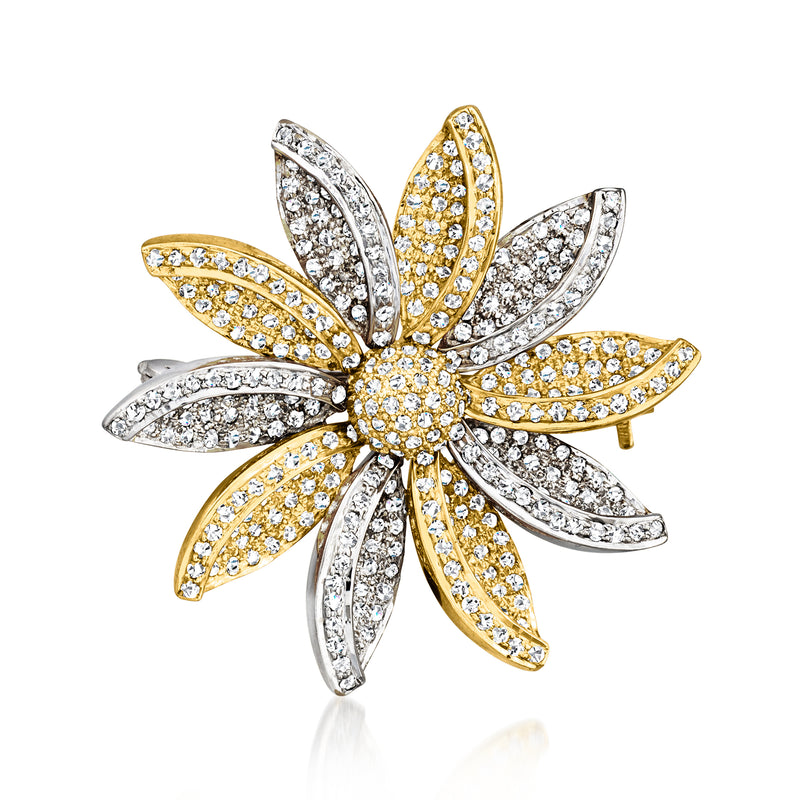 Two-tone gold diamond flower pin with layered petals and round stones