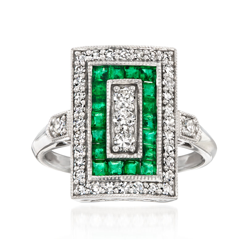 Platinum vintage ring with emerald-cut green center and diamond halo, square design