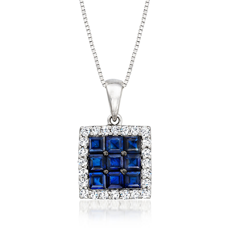 14kt white gold pendant necklace with square sapphire center and diamond halo