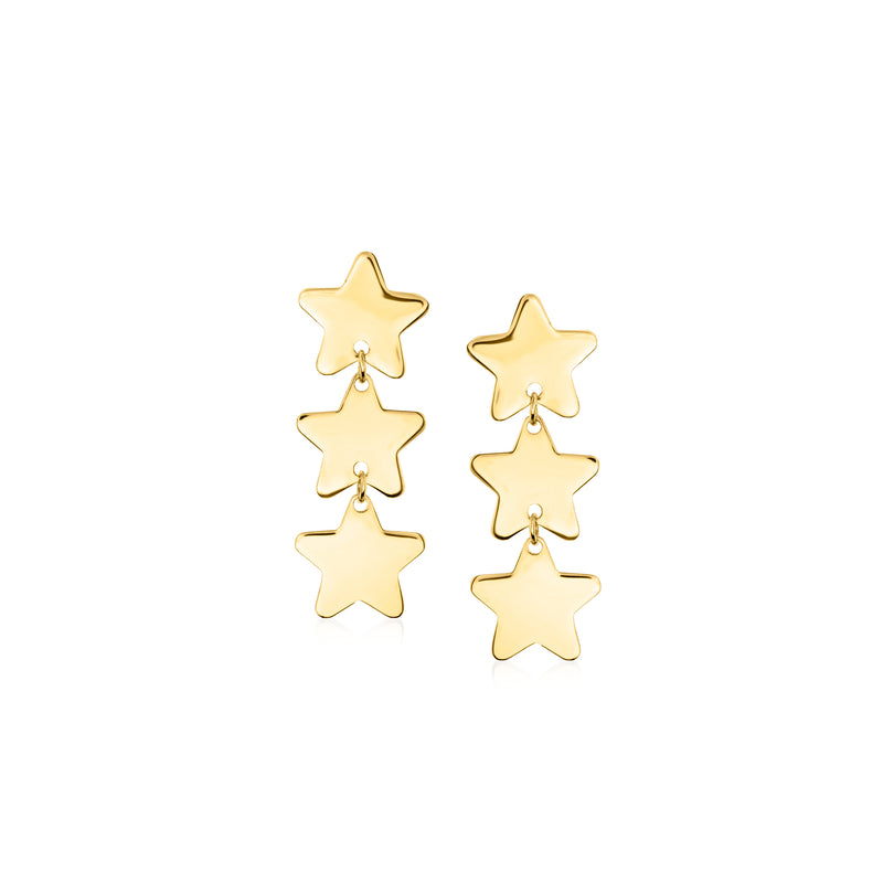 14k yellow gold star drop earrings with three dangling star charms