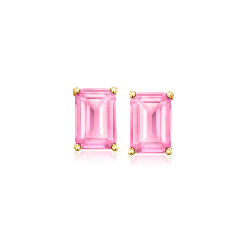 Gold post earrings with emerald-cut pink sapphire stones, square corners