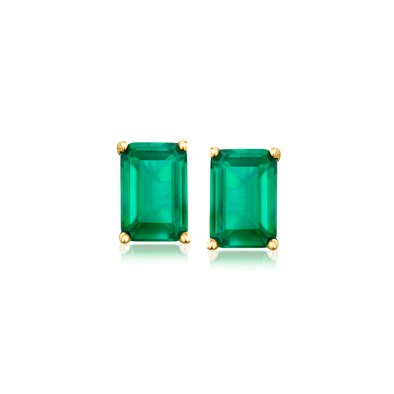 Emerald-cut lab-grown emerald stud earrings in gold with square green stones