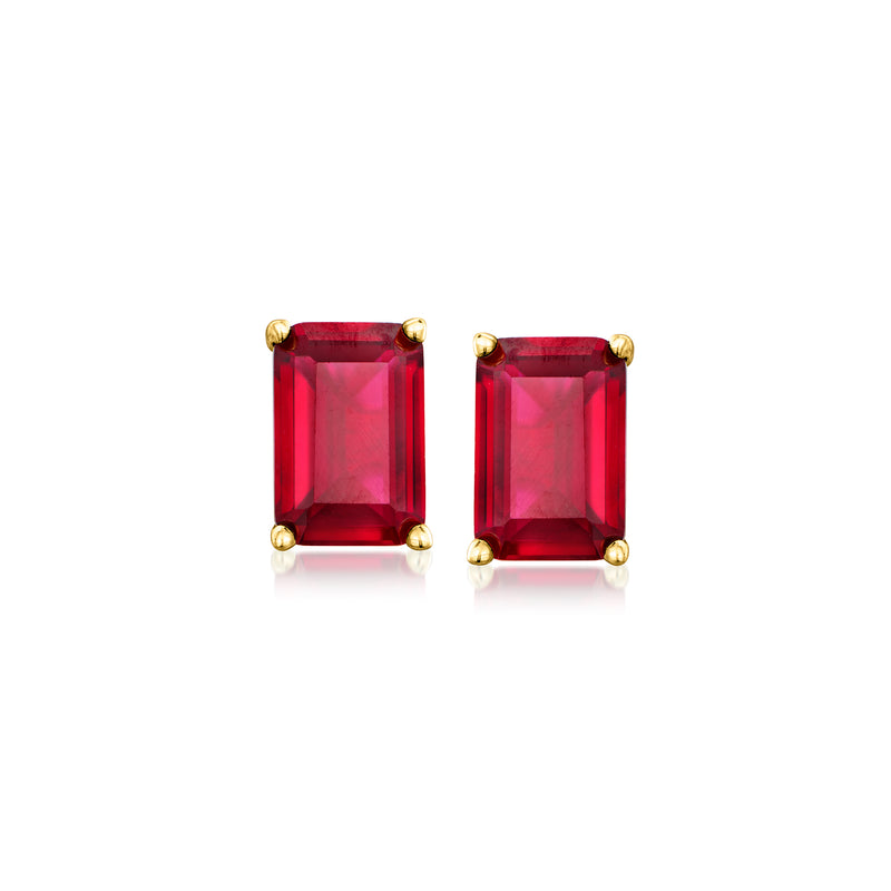 Gold-tone post earrings with red emerald-cut ruby stones in bezel settings