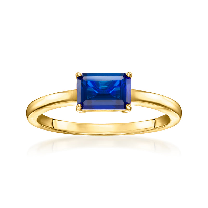 18kt gold over sterling ring with emerald-cut blue lab-grown sapphire, four-prong setting