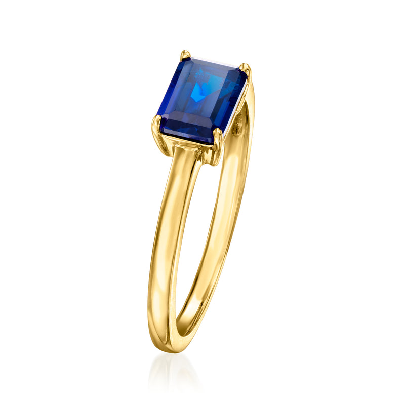 Gold over sterling emerald-cut blue lab-grown sapphire ring, tall split shank side view